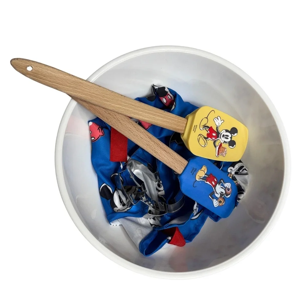 Disney Mickey Mouse Kids 7pc Baking Set Apron Bowl Spatulas Cookie Cutters Sz6/7